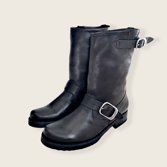 Frye Veronica Short Belted Black Leather Popular Moto Vintage Combat Ankle Boot - Picture 13 of 16